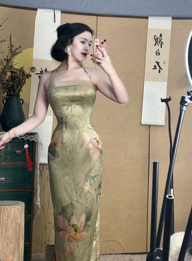 画报夫人原创自制新中式国风加厚重磅提花吊带连衣裙 荷仙姑