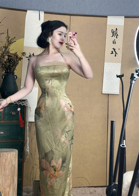 画报夫人原创自制新中式国风加厚重磅提花吊带连衣裙 荷仙姑