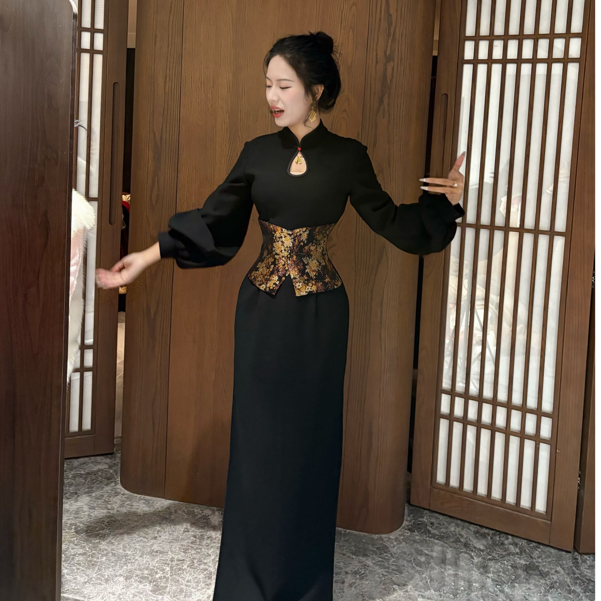 画报夫人原创新中式秋冬气质显瘦旗袍连衣裙 腰封金腰带