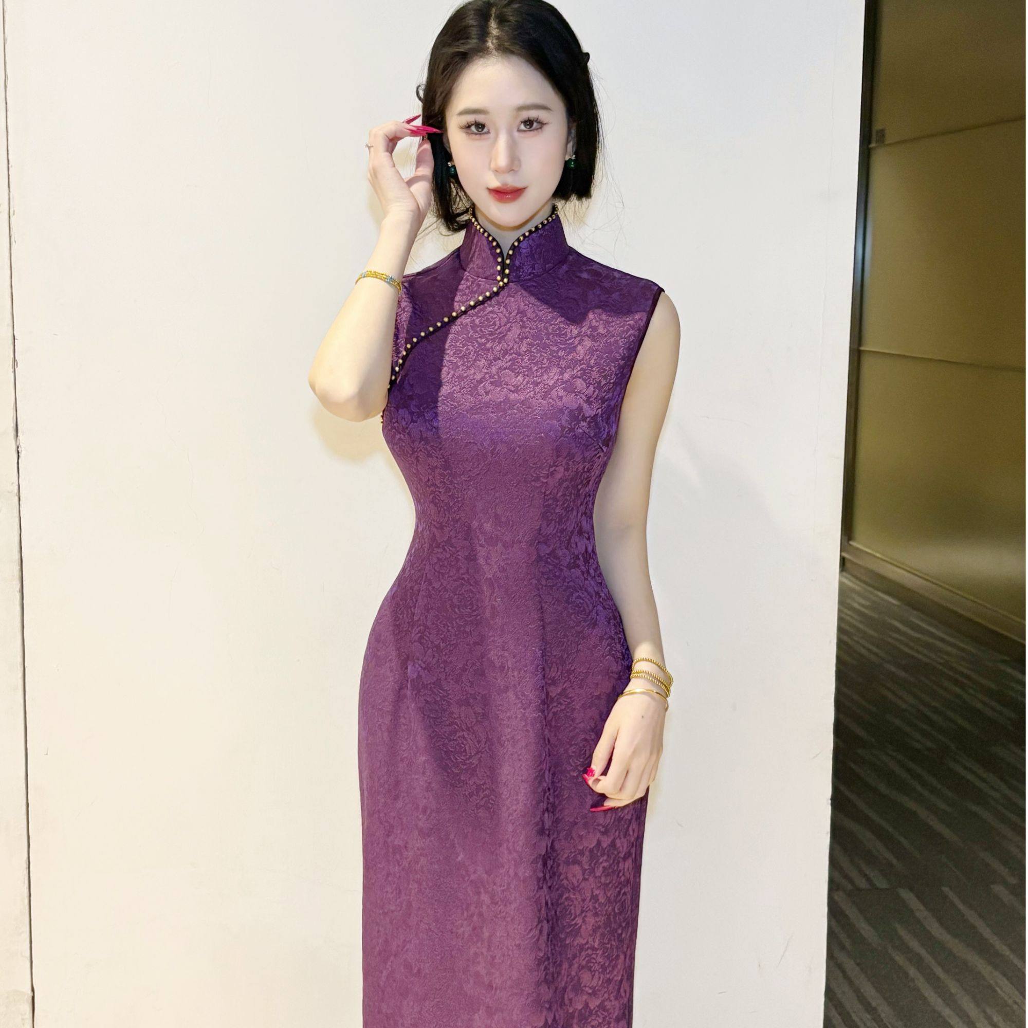 LHMknk1画报夫人原创新中式提花针织手工钉珠港工旗袍 钟无艳紫,女装/女士精品,旗袍,淘宝优惠券,粉丝福利购,淘宝优惠卷