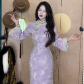 LHMknk1画报夫人原创自制秋冬麂皮绒珠链蕾丝新式 旗袍 紫花太太