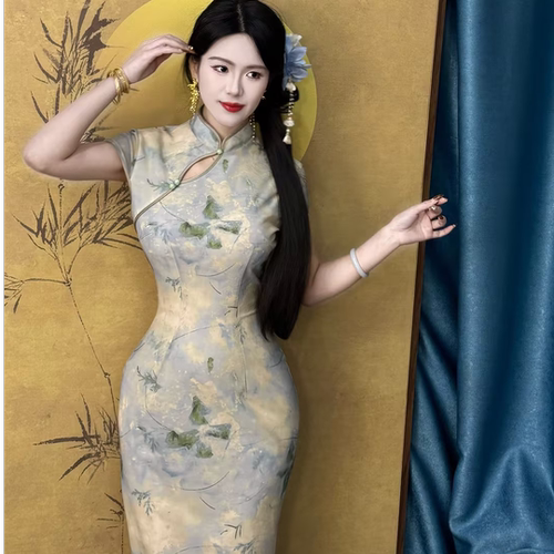 LHMknk1画报夫人原创复古温柔弹力网纱贝壳袖弹力旗袍 烟雨飘零
