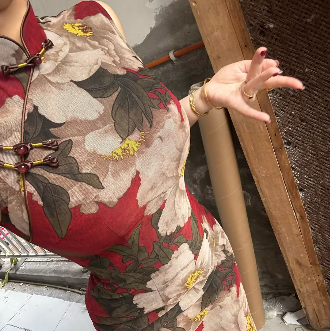 LHMknk1画报夫人原创温柔弹力网纱大花港工旗袍 网纱红坤林