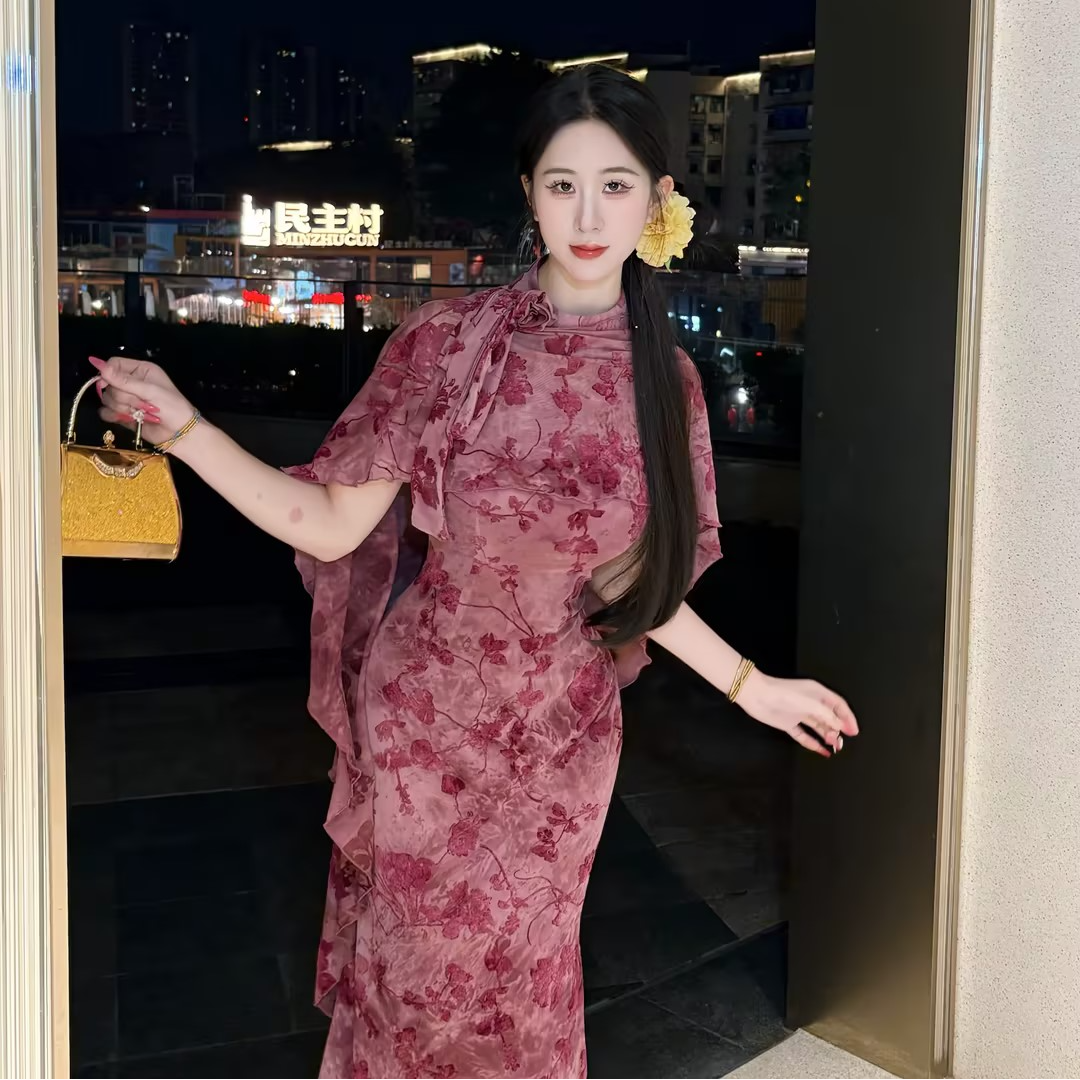画报夫人原创温柔纯欲手工花朵挖肩鱼尾连衣裙  深满桃花