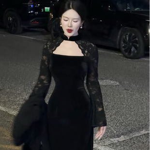LHMknk1画报夫人秋冬纯欲显瘦性感蕾丝拼接丝绒旗袍 黑丝绒名利场