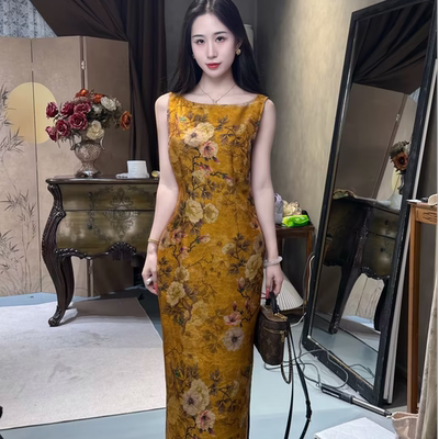 LHMknk1画报夫人原创自制浮光锦提花新中式国风连衣裙 金枝玉晚