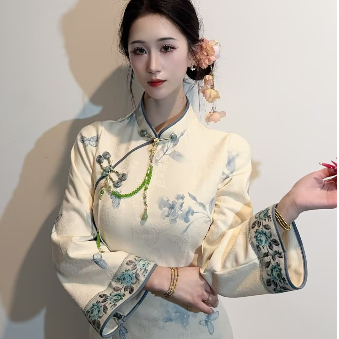 画报夫人高级刺绣新中式显瘦清冷温柔旗袍连衣裙  芳菲瓷,女装/女士精品,旗袍,淘宝优惠券,粉丝福利购,淘宝优惠卷