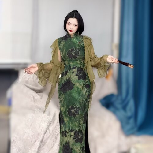 LHMknk1画报夫人原创复古温柔弹力网纱无袖港工旗袍 绿初