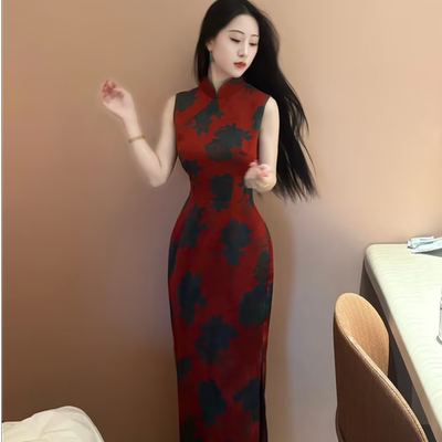 画报夫人原创自制提花缎面温柔港工旗袍 朱砂兰花