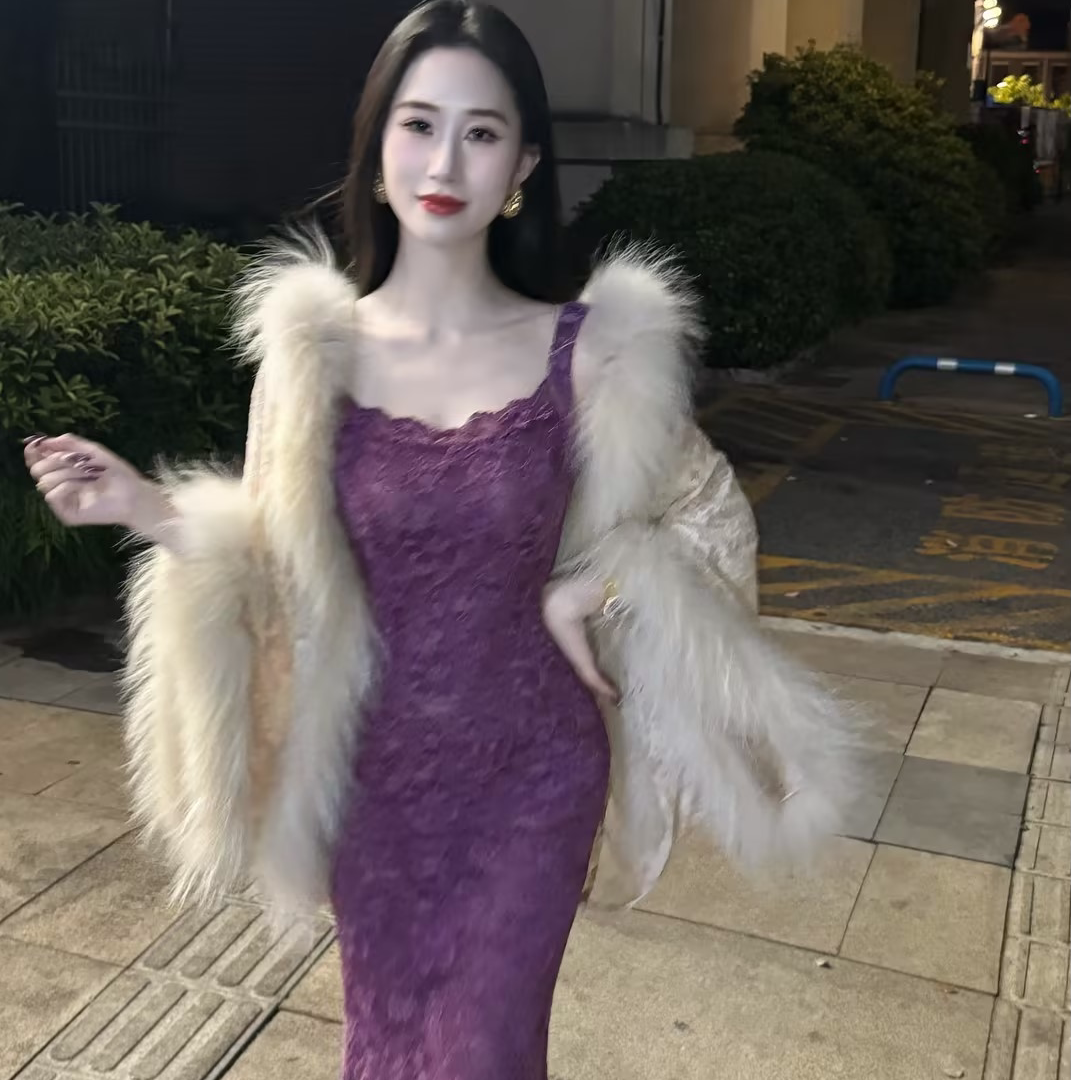 LHMknk1画报夫人原创秋冬温柔纯欲蕾丝吊带鱼尾裙紫色鱼尾吊带裙图片