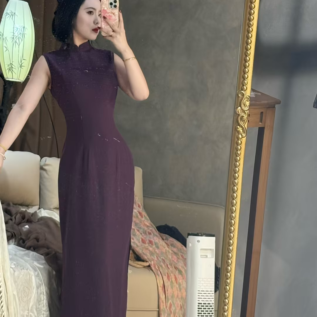 LHMknk1画报夫人原创自制夏季清冷感丝麻透气显白无袖旗袍 绛紫色