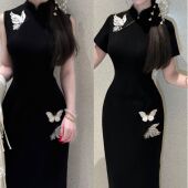 旗袍 画报夫人原创自制高级新中式 刺绣弹力西装 白金蝴蝶