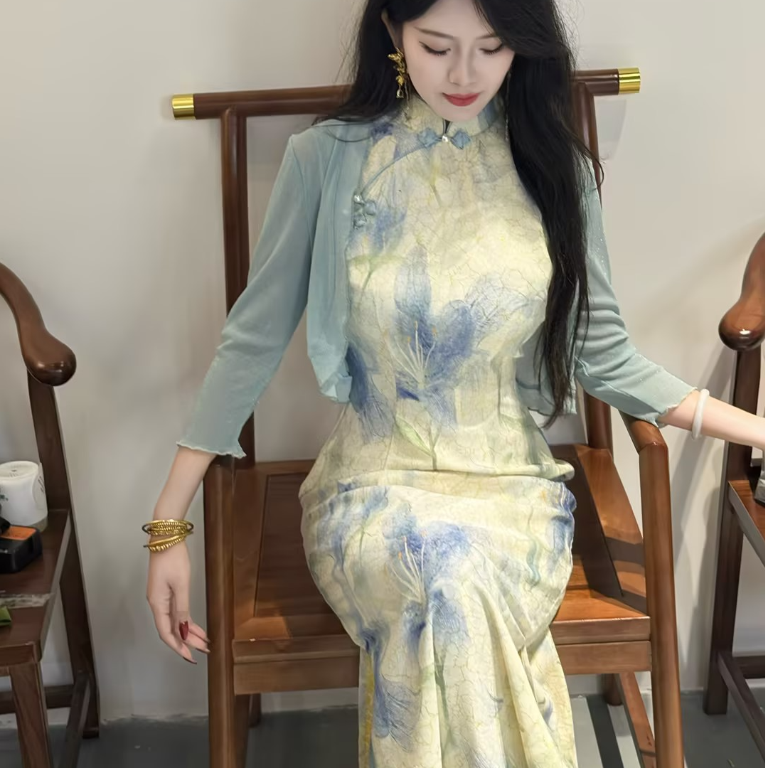 画报夫人原创自制仿龟裂纹新中式素雅温柔旗袍 梦蓝