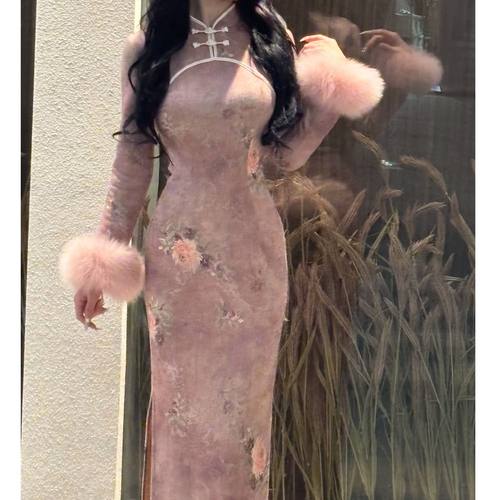 画报夫人原创自制秋冬厚款曼丽绒针织旗袍连衣裙  粉娇娘