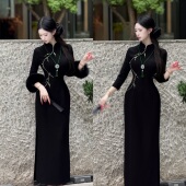 LHMknk1画报夫人原创自制中式 弹力针织狐狸毛刺绣旗袍 柳叶竹