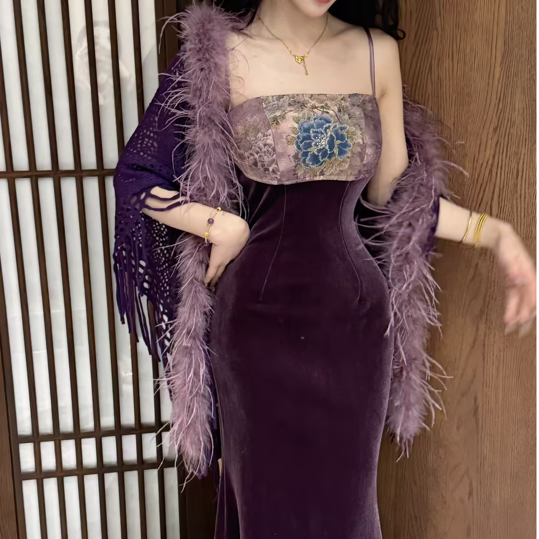 画报夫人原创秋冬定位花拼接丝绒鱼尾吊带鱼尾裙 狐系紫