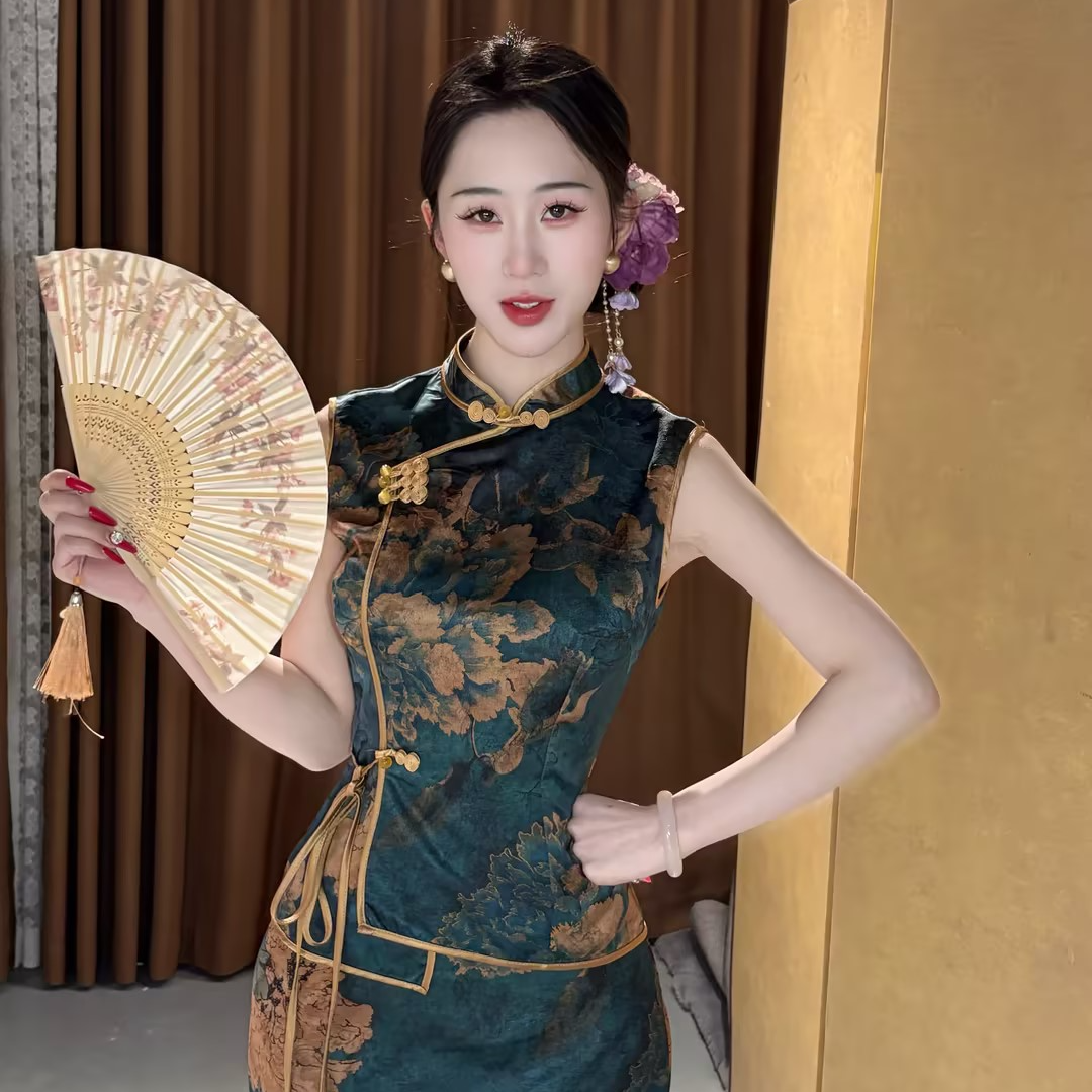 画报夫人原创新中式国风提花缎面两件套 深蓝牡丹
