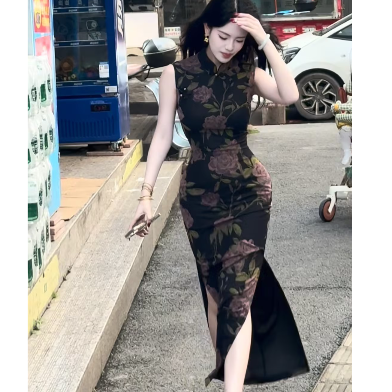 LHMknk1画报夫人原创自制弹力网纱无袖复古旗袍 平替网纱绢纺黑