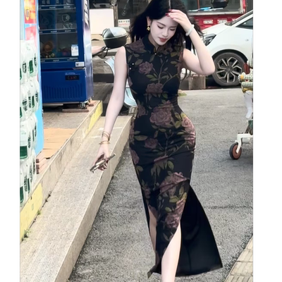 LHMknk1画报夫人原创自制弹力网纱无袖复古旗袍 平替网纱绢纺黑