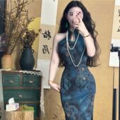 画报夫人原创自制新中式 提花缎面挖肩旗袍连衣裙 兰陵王