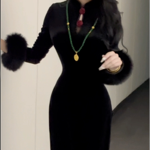 画报夫人原创自制立体玫瑰花丝绒复古旗袍连衣裙 铿锵玫瑰