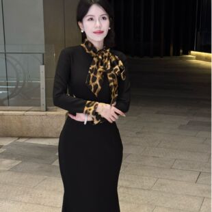 豹纹小姐 弹力豹纹鱼尾旗袍 画报夫人原创自制厚款 西装