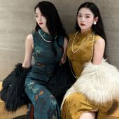 画报夫人原创自制高级新中式 蓝为情 提花缎面旗袍连衣裙