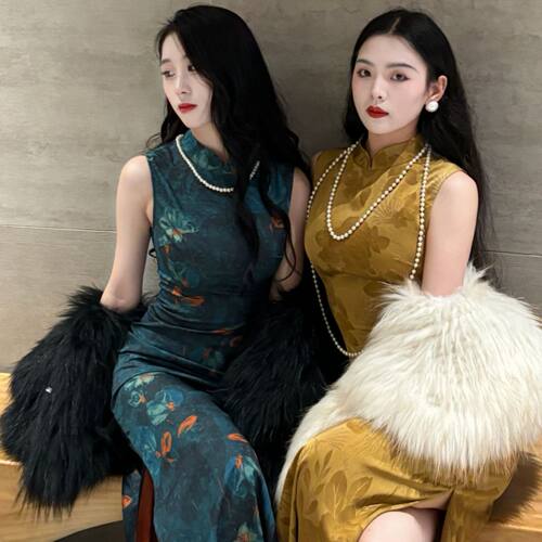 画报夫人原创自制高级新中式提花缎面旗袍连衣裙  蓝为情
