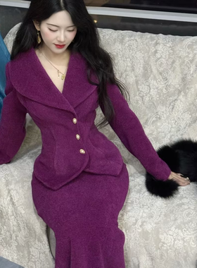 画报夫人原创复古vintage短裙款紫色上衣半身裙套装