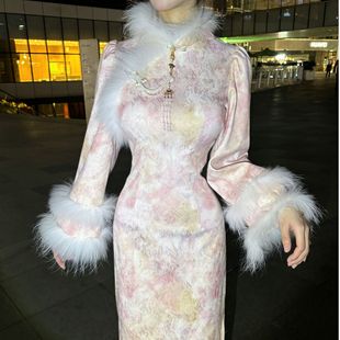 粉花落香 温柔真毛旗袍连衣裙 画报夫人原创自制新中式 秋冬厚款