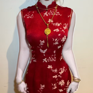 画报夫人原创手工旗袍植绒缎面金线显瘦红色旗袍 百花朱砂
