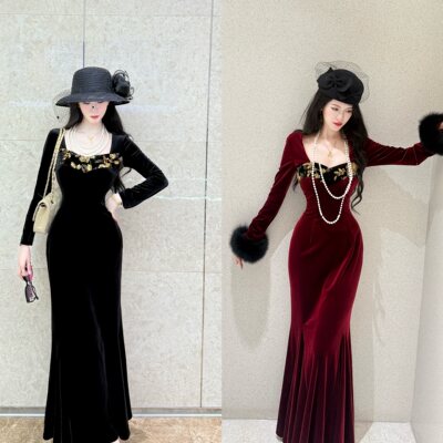 LHMknk1画报夫人原创自制弹力钉珠刺绣鱼尾裙步步生莲双色探戈