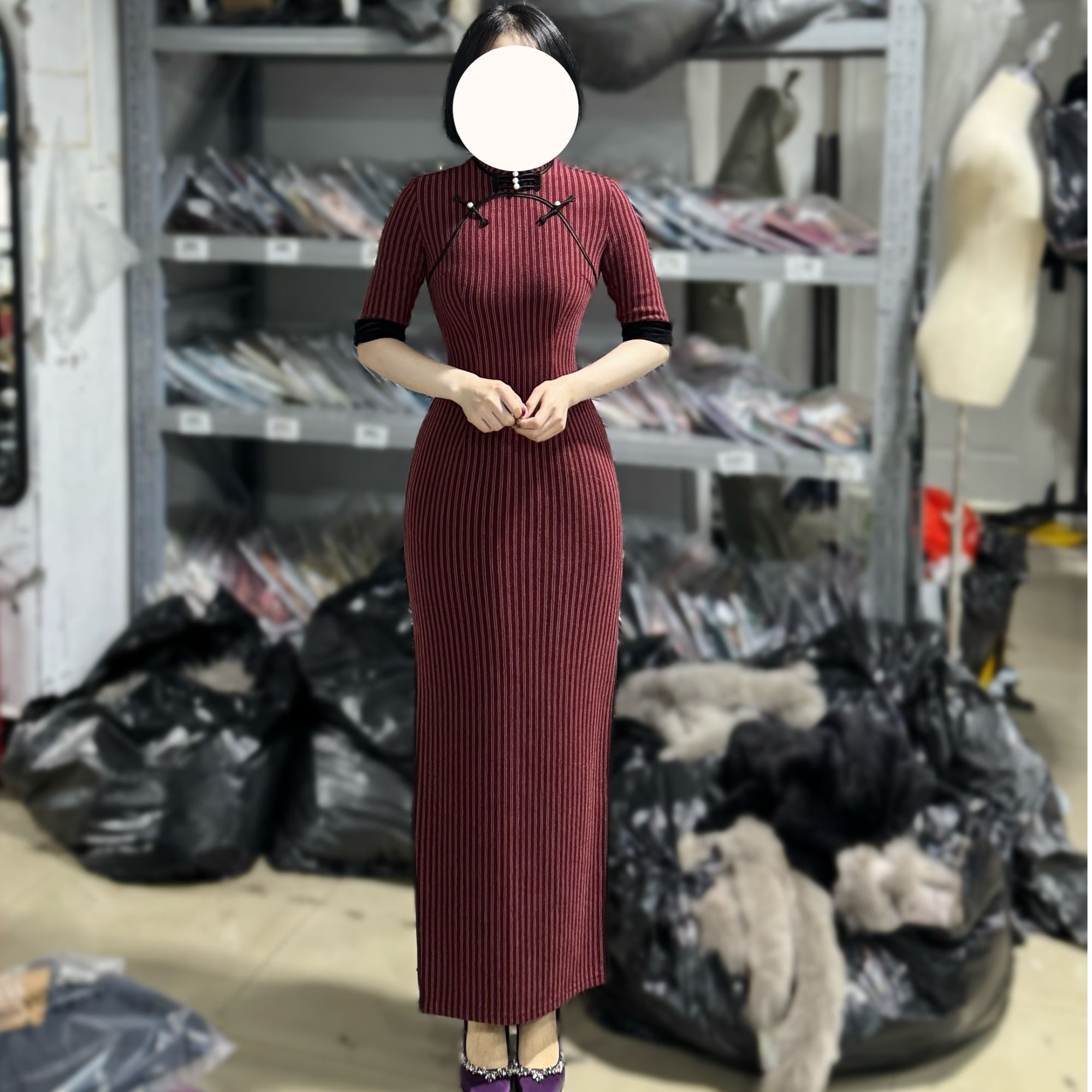 画报夫人原创自制厚款高级复古气质新式旗袍 红色条纹