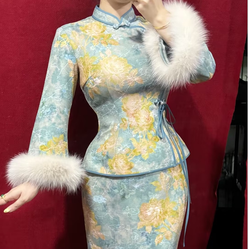 LHMknk1画报夫人原创秋冬国风显白气质狐狸毛旗袍两件套 蓝梦樱