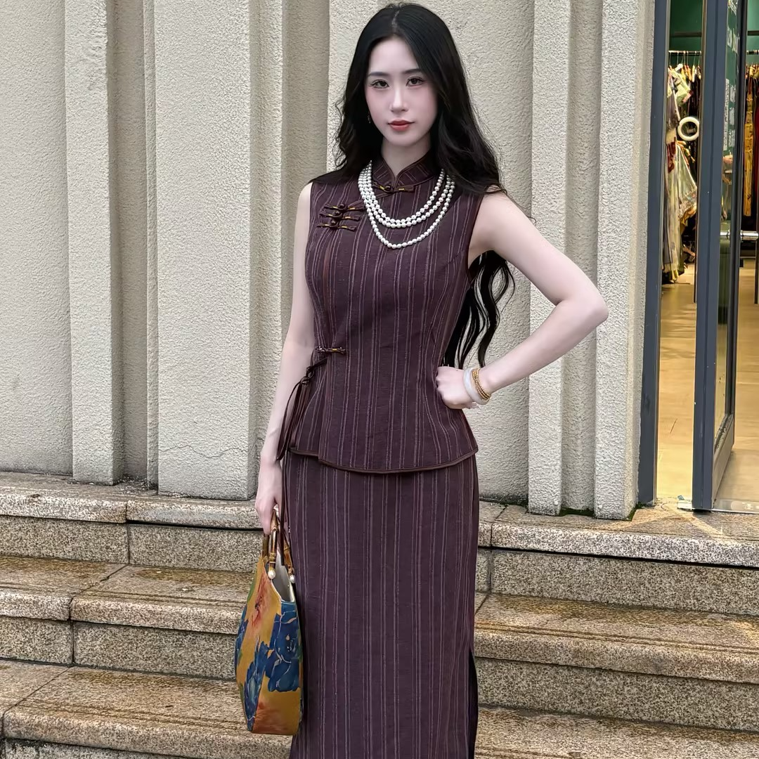 LHMknk1画报夫人原创国风麻料西装条纹旗袍两件套 套装紫咖色