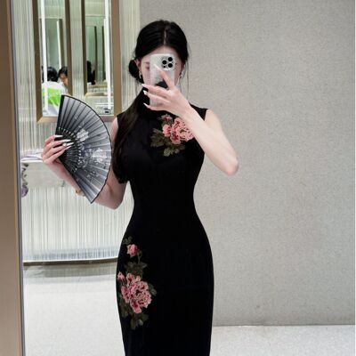 画报夫人原创自制夏季无袖中式旗袍  金笔牡丹