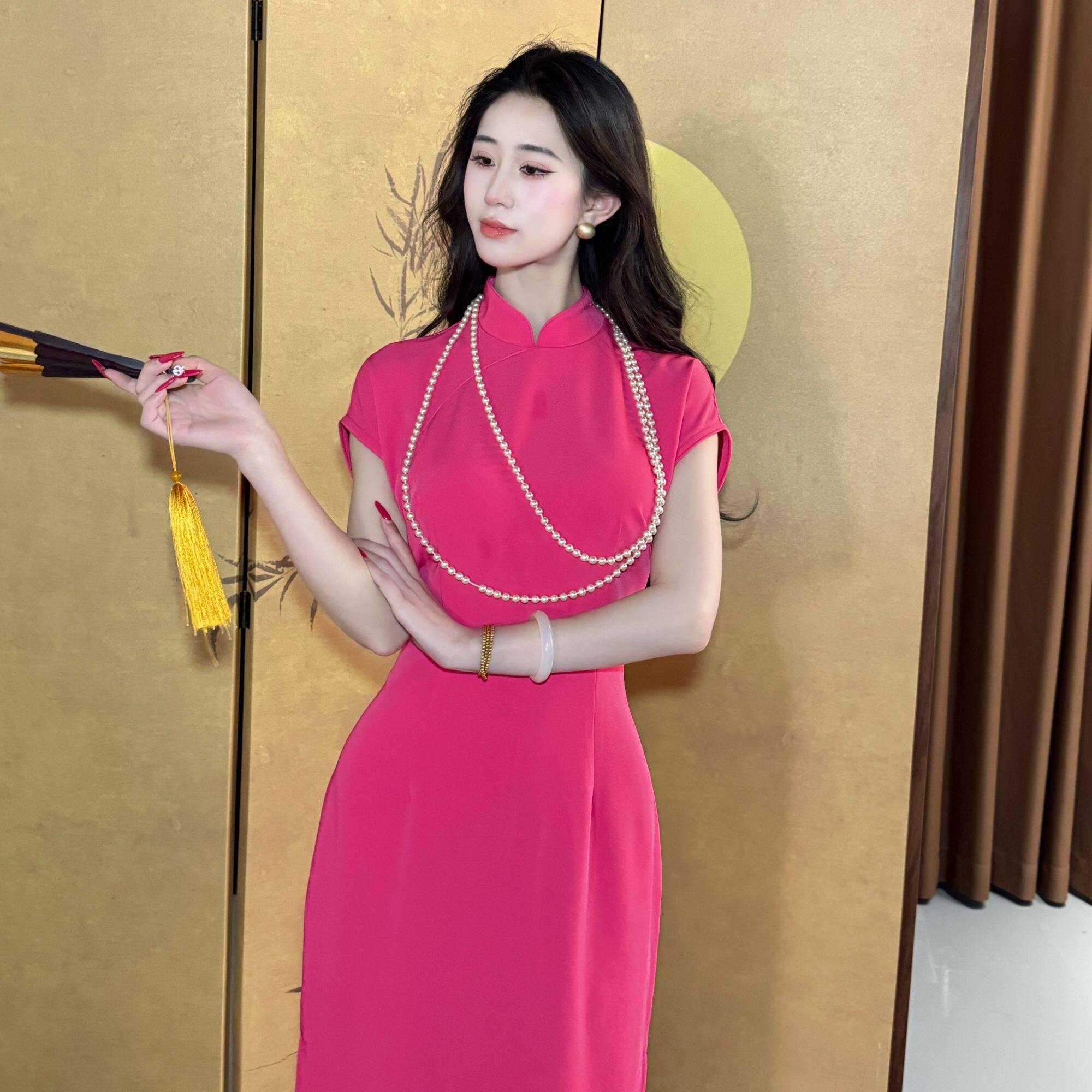 画报夫人温柔显白高级西装气质无袖港工旗袍 之纯玫粉色