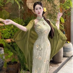 画报夫人原创自制显瘦国风步步生莲绿色新中式 绿花姬 旗袍