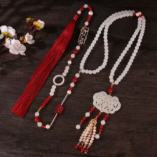 古风汉服长璎珞背云超长流苏软璎珞复古百搭明制压襟项圈岫玉璎珞