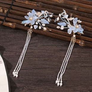 汉服头饰蓝色仙气发夹琉璃流苏古代古典舞蹈古装古风旗袍发饰