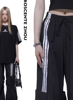 ROS ZHOU竖条复古运动裤降落伞伞兵裤宽松速干阔腿裤 长裤