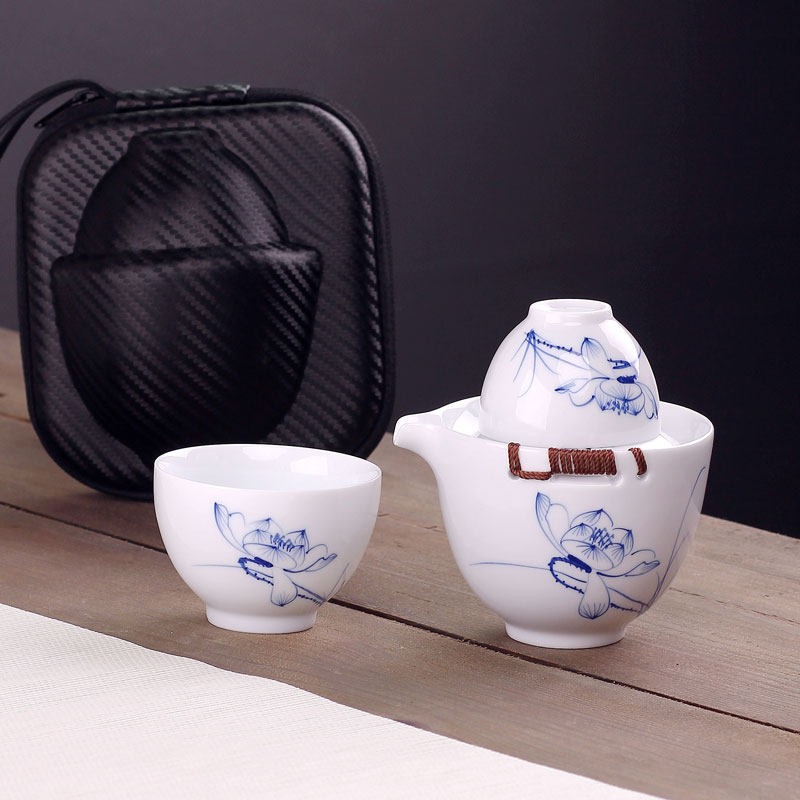 青花陶瓷快客杯1壶2杯过滤网旅行小茶具套装便携包日式泡功夫茶具