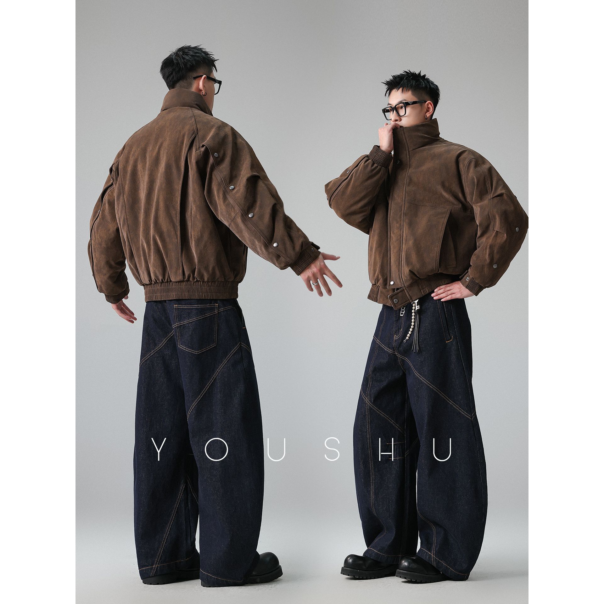 白鸭绒工装风立领羽绒服男2025冬季新款保暖宽松PU皮衣外套