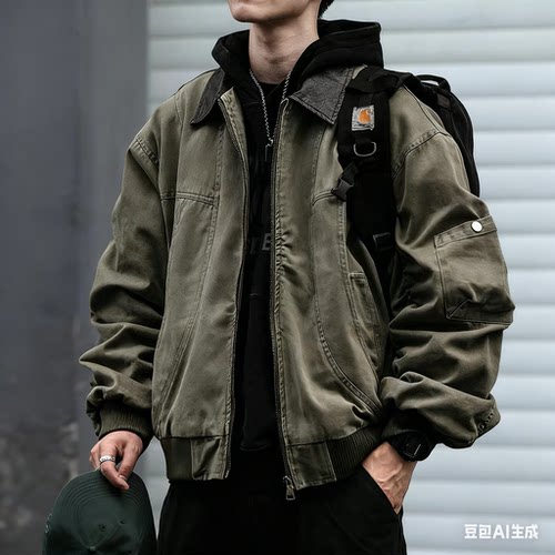 美式复古水洗拼皮领巴恩风男女秋季廓形宽松外套工装夹克潮牌上衣