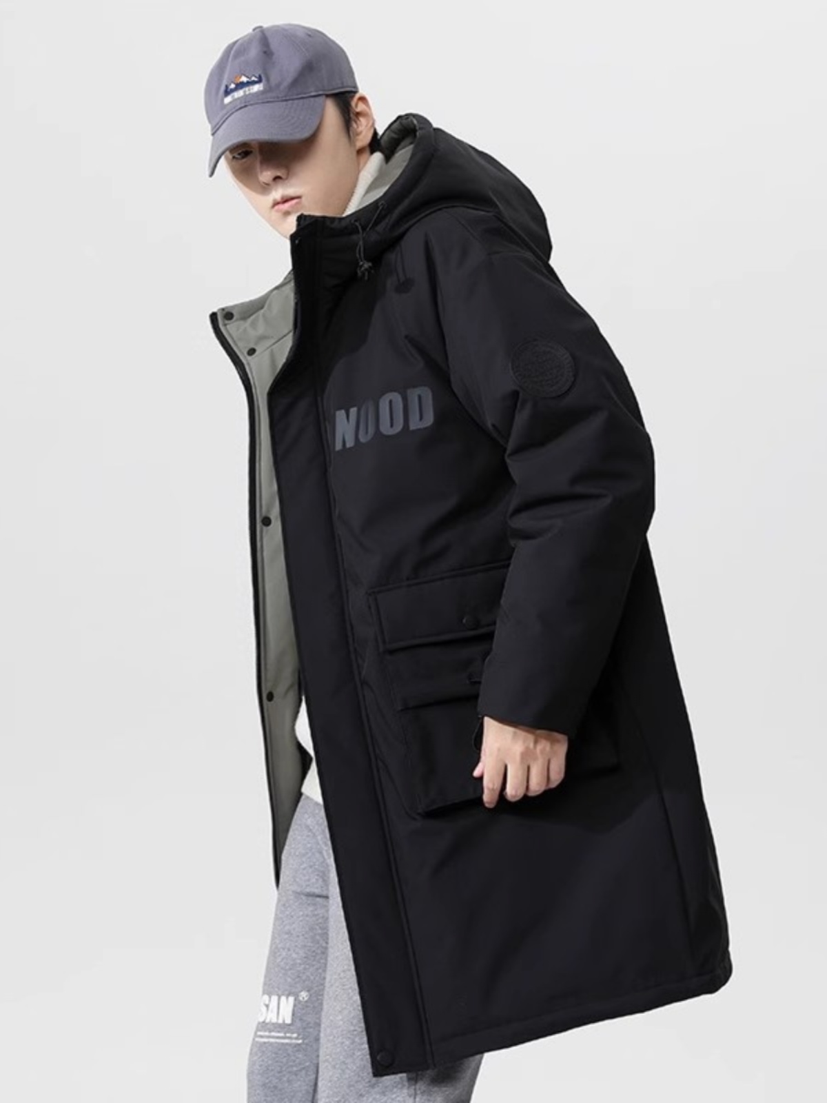 国潮冬季潮牌加肥过膝加大码胖子羽绒服男中长款工装学生连帽外套