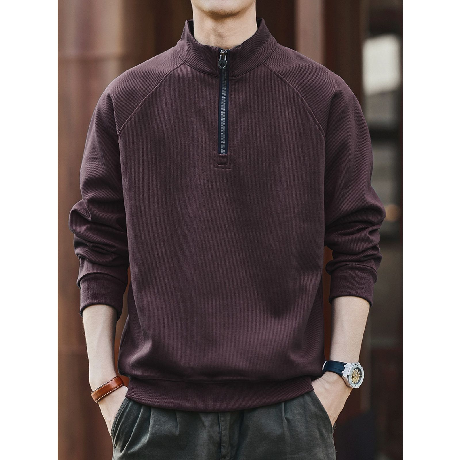 格蓝鹿美式复古立领长袖卫衣男秋季加绒潮牌宽松polo衫半拉链上衣