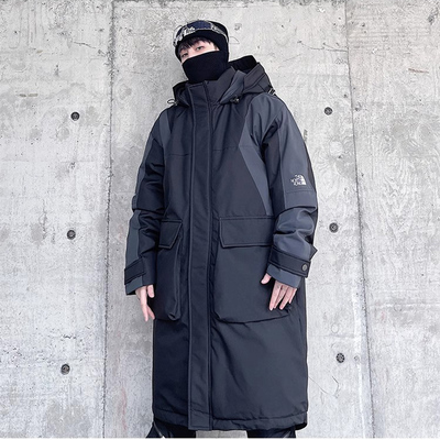 2025冬季加厚爆款拼接连帽羽绒服男中长款潮牌胖子加肥加大码外套