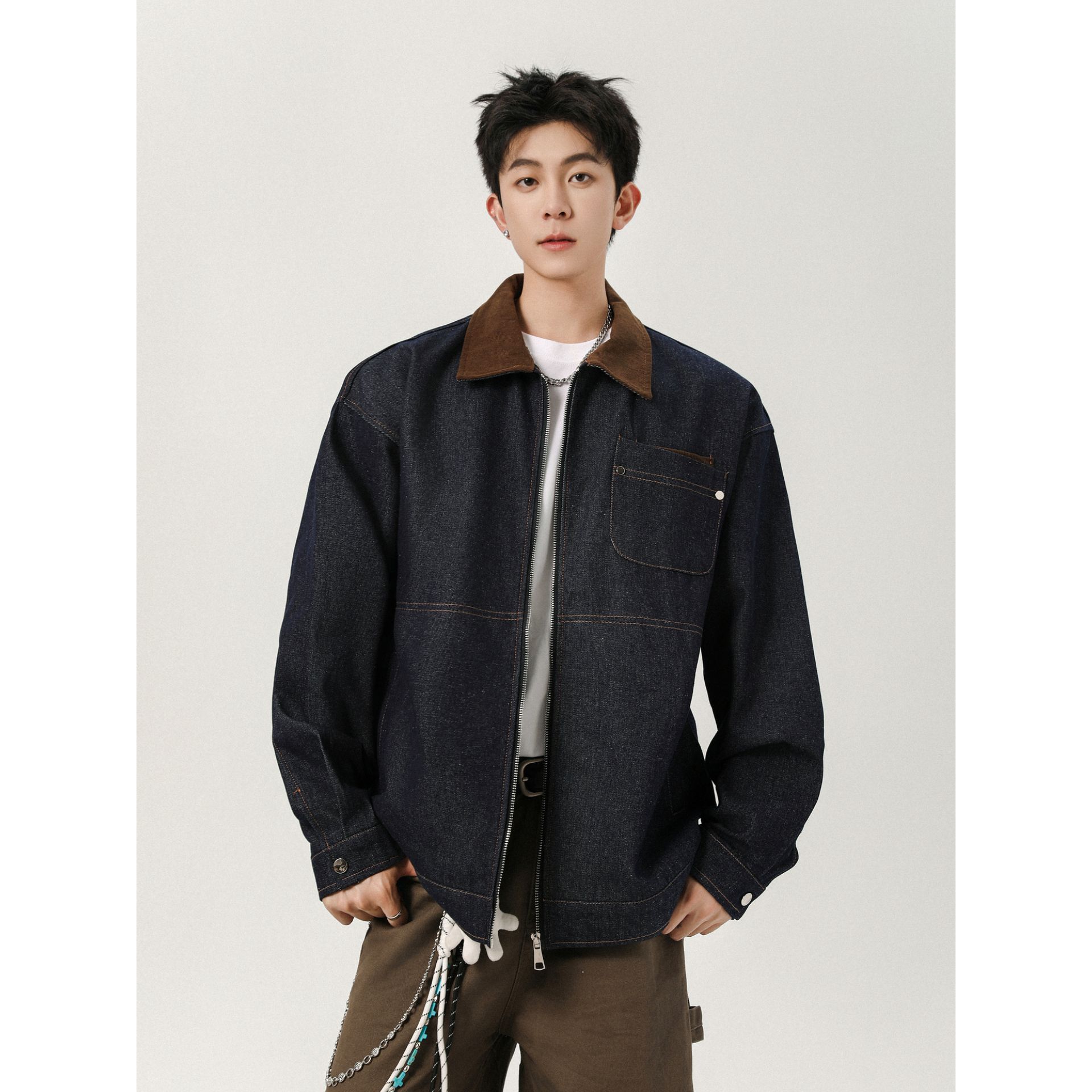 悟空有货潮牌美式复古撞色翻领牛仔外套男女街头宽松百搭休闲夹克