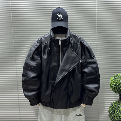 小众不撞款PU皮衣立领羽绒服男冬季痞帅复古白鸭绒保暖夹克厚外套