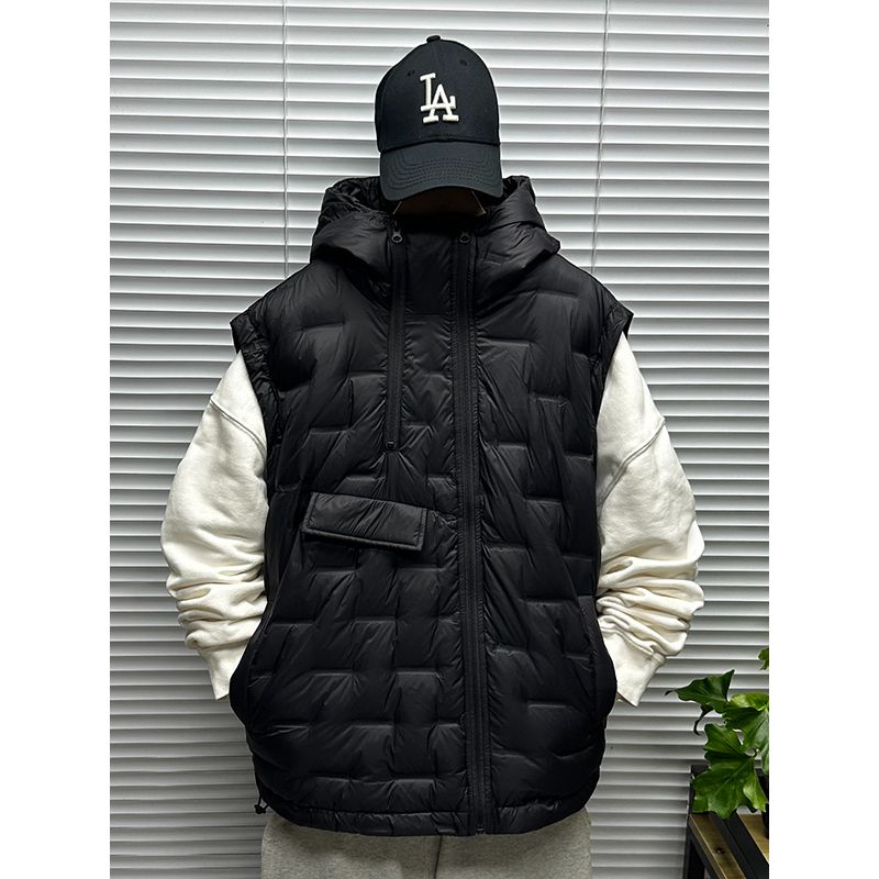 压花连帽羽绒马甲男士冬季装大码青少年斜襟工装无袖羽绒坎肩外套